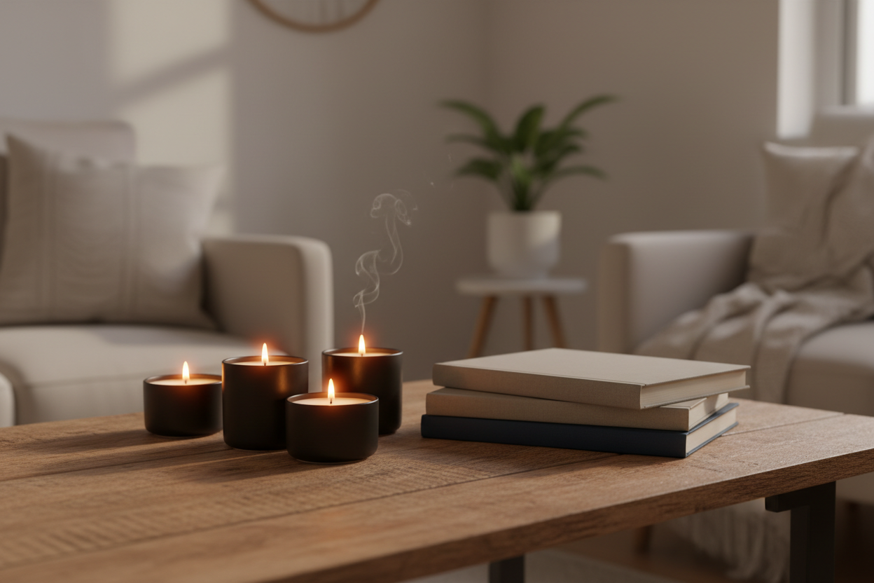 calm room with candles in black jar lighting on the tabble with books placed on the table