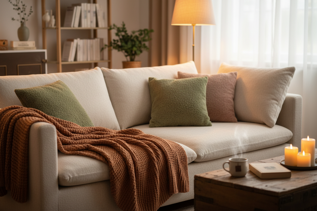 self care  use an image of a couch with a throw over it 